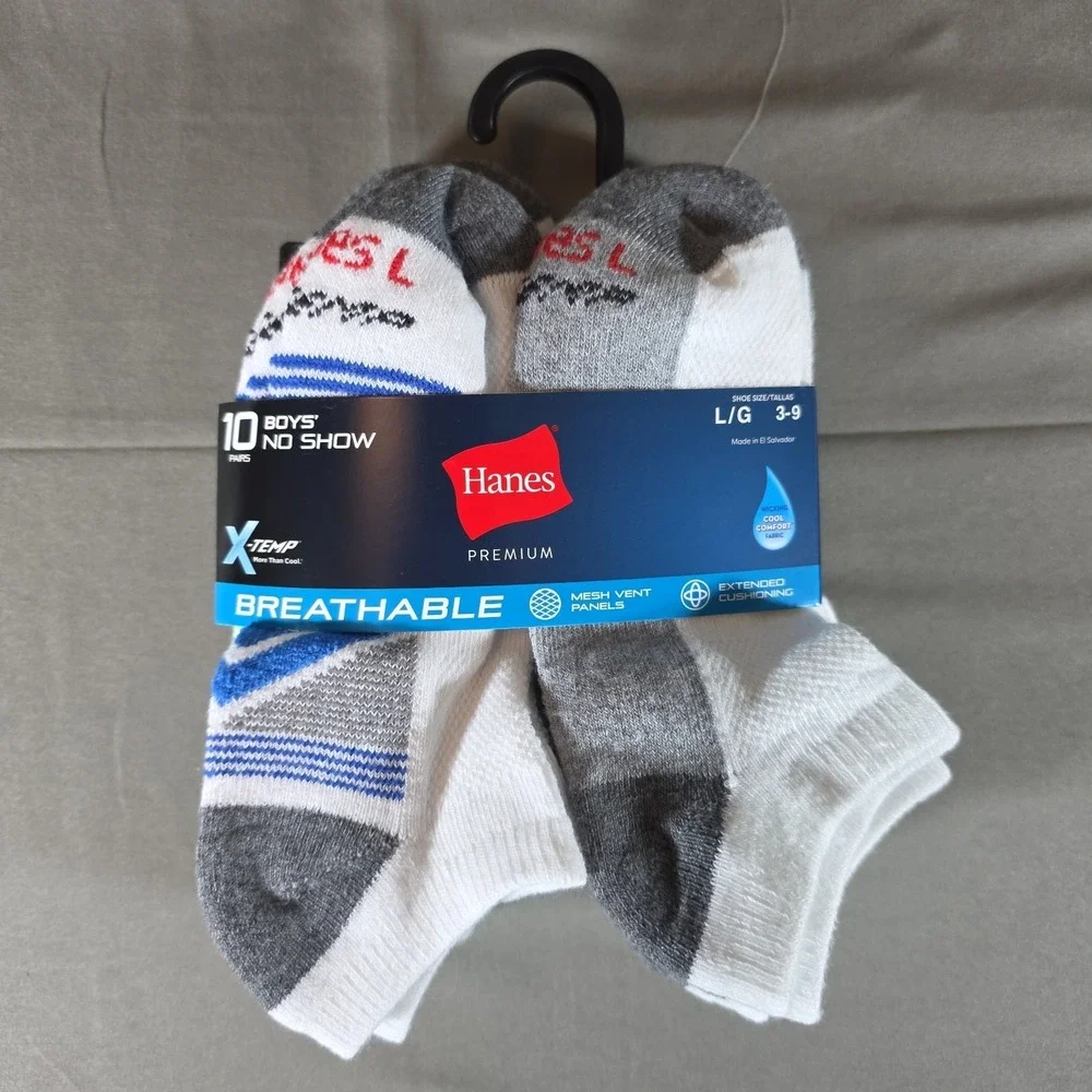 10pk Hanes BOYS No Show Socks Premium Breathable X-Temp  Size L 3-9